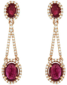 4.32CT DIAMOND & AAA RUBY 14KT ROSE GOLD 3D OVAL & ROUND HALO HANGING EARRINGS
