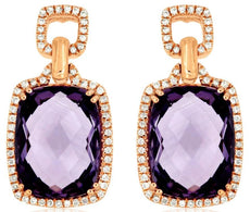 LARGE 13.04CT DIAMOND & AAA AMETHYST 14KT ROSE GOLD HALO SQUARE HANGING EARRINGS