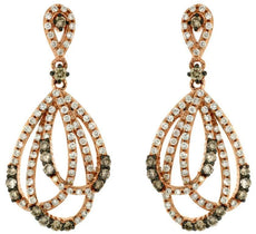 1.02CT WHITE & MOCHA DIAMOND 14KT ROSE GOLD MULTI ROW TEAR DROP HANGING EARRINGS