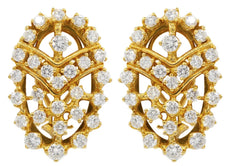 ESTATE 5.0CT DIAMOND 18KT YELLOW GOLD 3D FILIGREE OVAL CLIP ON EARRINGS