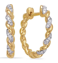 ESTATE .10CT DIAMOND 14KT 2 TONE GOLD CLASSIC ROPE HUGGIE HOOP HANGING EARRINGS