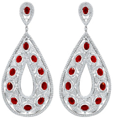 EXTRA LARGE 37.94CT DIAMOND & AAA RUBY 18KT WHITE GOLD 3D OVAL & ROUND EARRINGS