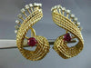 ANTIQUE LARGE 2.60CT DIAMOND & AAA RUBY 18K 2 TONE GOLD 3D LEAF CLIP ON EARRINGS