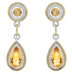 LARGE 10.82CT DIAMOND & AAA CITRINE 14KT 2 TONE GOLD TEAR DROP HANGING EARRINGS