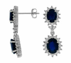 ESTATE 6.50CT DIAMOND & AAA SAPPHIRE 14KT WHITE GOLD OVAL HALO HANGING EARRINGS