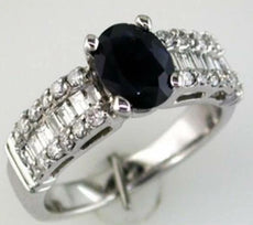 2.33CT DIAMOND AAA SAPPHIRE 14K WHITE GOLD OVAL ROUND & BAGUETTE ENGAGEMENT RING