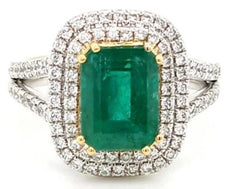 LARGE 3.6CT DIAMOND & AAA EMERALD 18KT 2 TONE GOLD CUSHION HALO ENGAGEMENT RING