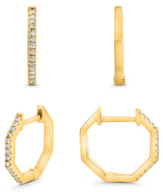 .09CT DIAMOND 14K YELLOW GOLD ROUND CLASSIC OCTAGON HUGGIE HOOP HANGING EARRINGS