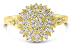 ESTATE .37CT DIAMOND 14K YELLOW GOLD 3D ROUND & BAGUETTE CLUSTER FLORAL FUN RING
