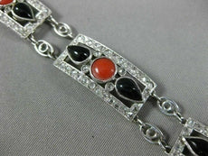 ANTIQUE LARGE 1.20CT ROSE CUT DIAMOND AAA ONYX & CORAL 18KT WHITE GOLD BRACELET