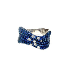 2.57CT DIAMOND & AAA SAPPHIRE 18KT WHITE GOLD 3D MULTI ROW DOUBLE SWIRL FUN RING
