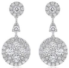 1.29CT DIAMOND 18KT WHITE GOLD 3D CLUSTER FLOWER HALO TEAR DROP HANGING EARRINGS