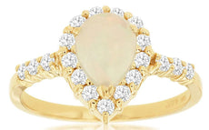 1.15CT DIAMOND & AAA OPAL 14KT YELLOW GOLD 3D PEAR SHAPE & ROUND HALO FUN RING