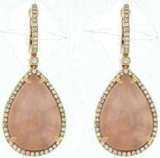 ESTATE LARGE 24.58CT DIAMOND & AAA ROSE QUARTZ 14K ROSE GOLD PEAR SHAPE EARRINGS