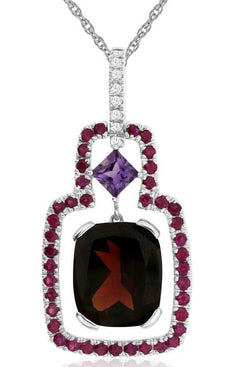 5.6CT DIAMOND  AAA RUBY GARNET & AMETHYST 14K WHITE GOLD SQUARE FLOATING PENDANT