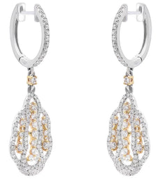 ESTATE 1.0CT DIAMOND 18KT 2 TONE GOLD 3D ROUND FLORAL HUGGIE HANGING EARRINGS