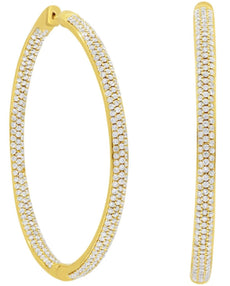 LARGE 2.99CT DIAMOND 14K YELLOW GOLD 3 ROW PAVE INSIDE OUT HOOP HANGING EARRINGS