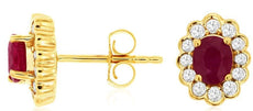 1.13CT DIAMOND & AAA RUBY 14KT YELLOW GOLD OVAL SEMI BEZEL FLOWER STUD EARRINGS