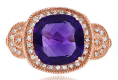 3.40CT DIAMOND & AAA AMETHYST 14K ROSE GOLD CUSHION & ROUND FILIGREE SQUARE RING