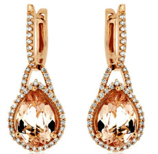 3.3CT DIAMOND & AAA MORGNAITE 14KT ROSE GOLD PEAR SHAPE & ROUND HANGING EARRINGS