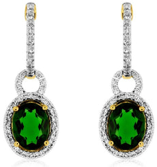 2.88CT DIAMOND & AAA GREEN GARNET 14KT YELLOW GOLD 3D OVAL HALO HANGING EARRINGS