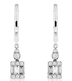 .38CT DIAMOND 14KT WHITE GOLD ROUND & BAGUETTE SQUARE LEVERBACK HANGING EARRINGS