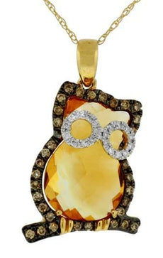 1.31CT WHITE & MOCHA DIAMOND & AAA CITRINE 14K YELLOW GOLD HAPPY OWL FUN PENDANT