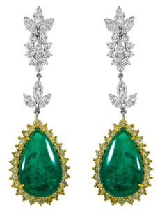LARGE 21.65CT WHITE & FANCY YELLOW DIAMOND & EMERALD 18KT 2 TONE GOLD EARRINGS