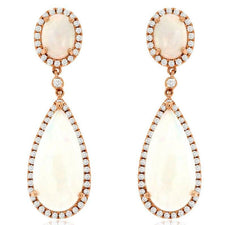10.75CT DIAMOND & AAA OPAL 14K ROSE GOLD OVAL & ROUND TEAR DROP HANGING EARRINGS