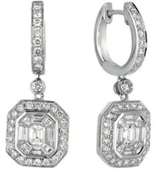 LARGE 1.85CT DIAMOND 14KT WHITE GOLD OCTAGON BEZEL HALO CLIP ON HANGING EARRINGS