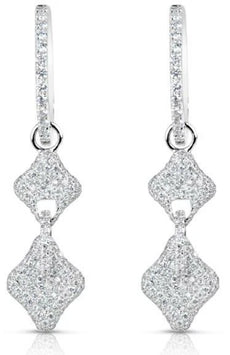 .88CT DIAMOND 14KT WHITE GOLD 3D DOUBLE 4 LEAF CLOVER LOVE KNOT HANGING EARRINGS