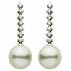 ESTATE .42CT DIAMOND & AAA SOUTH PEARL 18KT WHITE GOLD 7 STONE HANGING EARRINGS