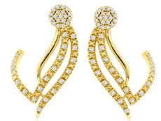 .25CT DIAMOND 14K YELLOW GOLD 3D FLOWER DOUBLE LEAF EAR CLIMBER HANGING EARRINGS