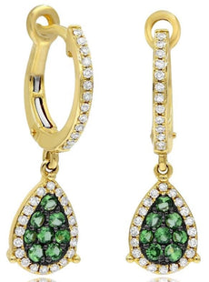 .68CT DIAMOND & AAA GREEN GARNET 14KT YELLOW GOLD 3D CLUSTER TEAR DROP EARRINGS
