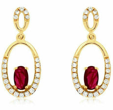 ESTATE .65CT DIAMOND & AAA RUBY 14K YELLOW GOLD 3D OVAL CLASSIC HANGING EARRINGS