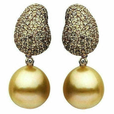 ESTATE LARGE 2.50CT MOCHA DIAMOND & AAA SOUTH SEA PEARL 18K YELLOW GOLD EARRINGS