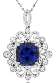 2.97CT DIAMOND & AAA TANZANITE 14KT WHITE GOLD CUSHION & ROUND FLOATING PENDANT