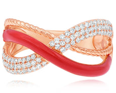ESTATE .46CT DIAMOND & RED ENAMEL 14KT ROSE GOLD MULTI ROW CRISS CROSS LOVE RING
