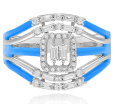 .49CT DIAMOND & BLUE ENAMEL 14KT WHITE GOLD ROUND & BAGUETTE MULTI ROW FUN RING