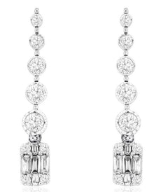 1.05CT DIAMOND 14KT WHITE GOLD ROUND & BAGUETTE CLUSTER JOURNEY HANGING EARRINGS