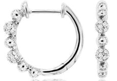 .11CT DIAMOND 14KT WHITE GOLD 3D CLASSIC MULTI BEAD HUGGIE HOOP HANGING EARRINGS