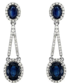 LARGE 4.92CT DIAMOND & AAA SAPPHIRE 14K WHITE GOLD OVAL & ROUND HANGING EARRINGS