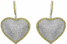 LARGE 3.45CT WHITE & YELLOW DIAMOND 18KT 2 TONE GOLD PAVE HEART HANGING EARRINGS