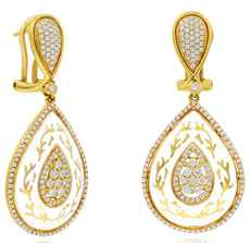 LARGE 1.32CT DIAMOND & WHITE ENAMEL 18KT YELLOW GOLD TEAR DROP HANGING EARRINGS