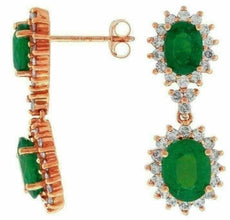 ESTATE 5.10CT DIAMOND & AAA EMERALD 14K ROSE GOLD 3D CLASSIC OVAL HALO EARRINGS