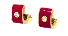 .06CT DIAMOND & RED ENAMEL 18KT YELLOW GOLD SQUARE HUGGIE HOOP HANGING EARRINGS