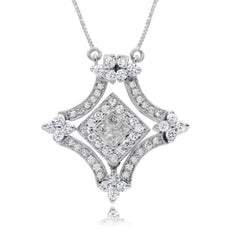 1.03CT DIAMOND 14KT WHITE GOLD 3D PRINCESS & ROUND FILIGREE FLORAL LOVE NECKLACE