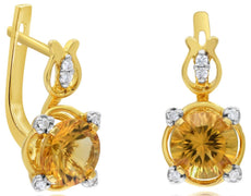 2.48CT DIAMOND & AAA CITRINE 14KT YELLOW GOLD FLORAL LEVERBACK HANGING EARRINGS