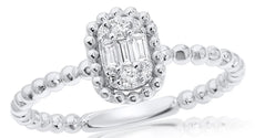 .13CT DIAMOND 14KT WHITE GOLD 3D ROUND & BAGUETTE CLUSTER BEADED OVAL FUN RING