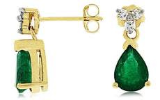 2.45CT DIAMOND & AAA EMERALD 14KT YELLOW GOLD PEAR SHAPE FLOWER HANGING EARRINGS